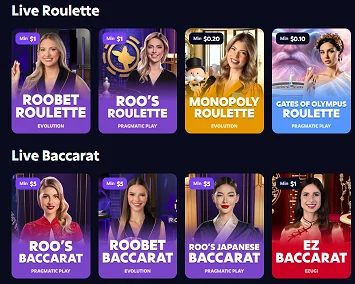 Screenshot des Roobet Live-Casino-Bereichs mit Live-Dealer-Tischen